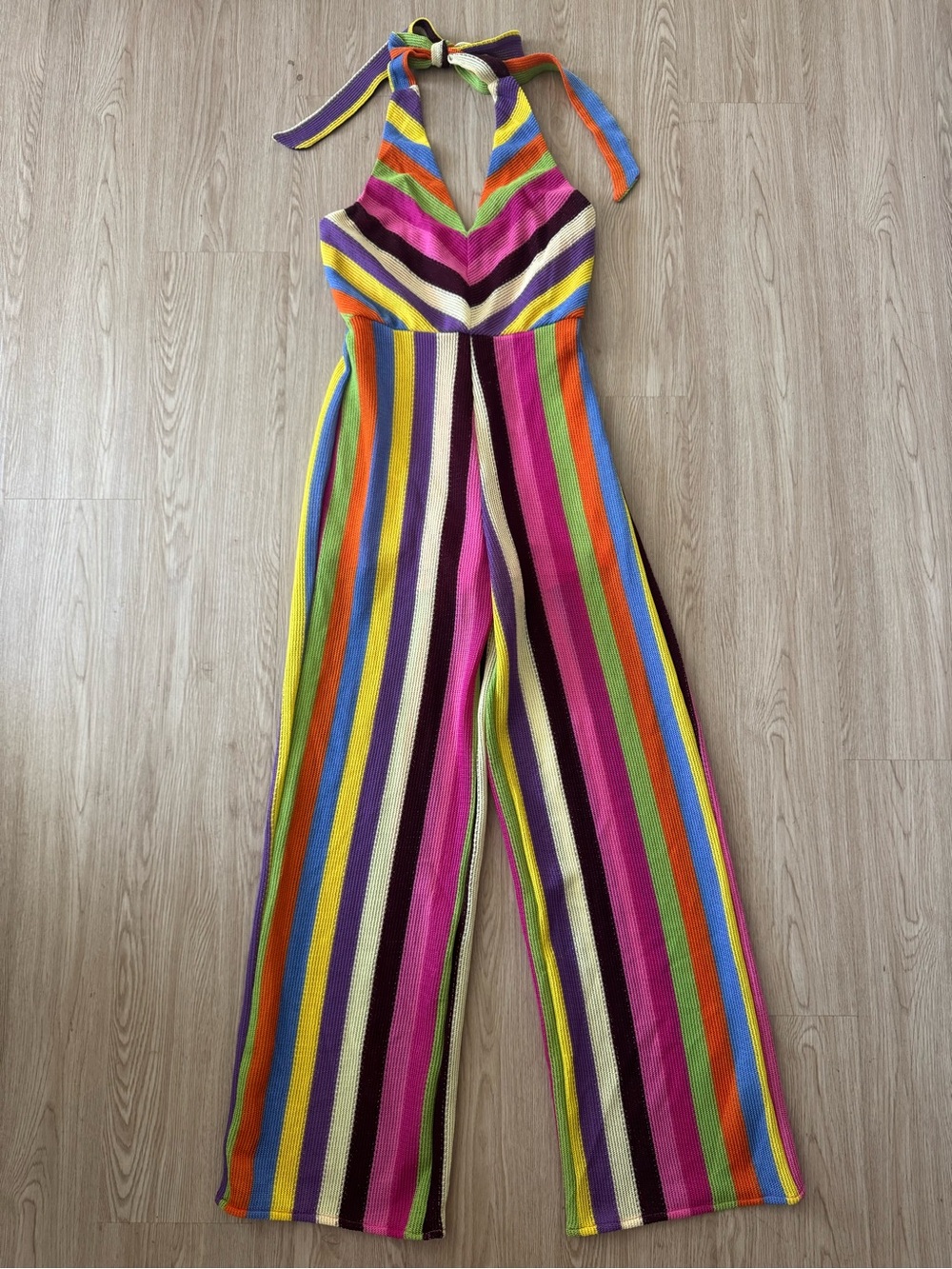 Milk & Honey rainbow Stripe Halter Wide-Leg Jumpsuit nwot - Picture 2 of 3